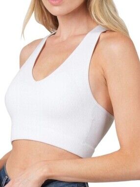 Zenana Outfitters White Ribbed V-Neck Racerback Brami/Bralette Stretchy Tank